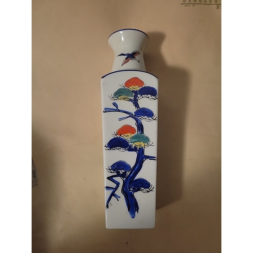 Vtg Seymour Mann Vase Japan Ceramic Tree Stork White Blue Red Colorful  7.5”